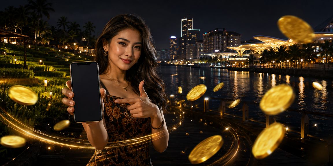 Model perempuan elegan tersenyum di dekat layar yang menampilkan informasi cashback dan bonus