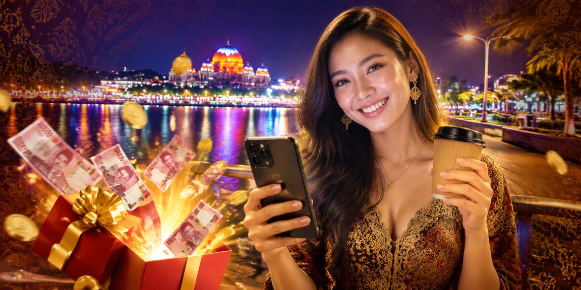 Pengguna mengakses platform hiburan mobile sambil menikmati kopi di warung