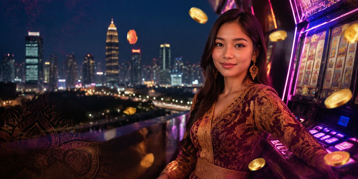 Layar permainan slot dengan cahaya neon warna-warni di suasana malam penuh semangat